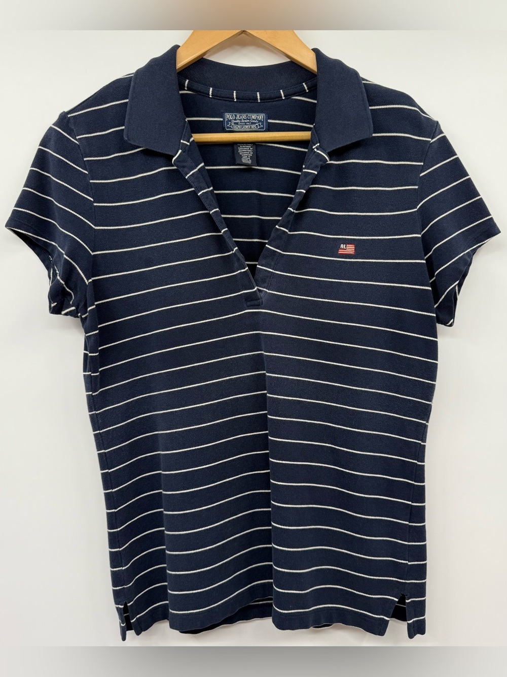 Ralph Lauren Polo Jeans Co Navy & White Striped Logo V Neck SZ M Preppy Nautical